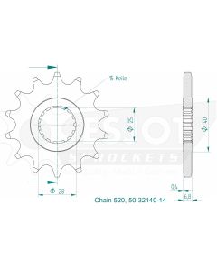 Kettenritzel 14 Zähne Esjot - Teilung 5/8 x 1/4 R10,16 (520) - 32140 14